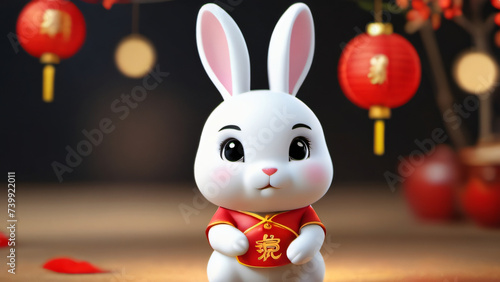 Photo Of Cute Chinese Rabbit Character Illustration 3D Style Chinese New Year 2023 Greeting Card.