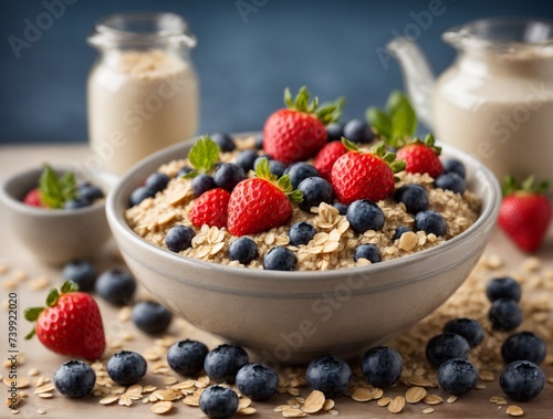 Oatmeal porridge with berries in bowl. AI Generated.
