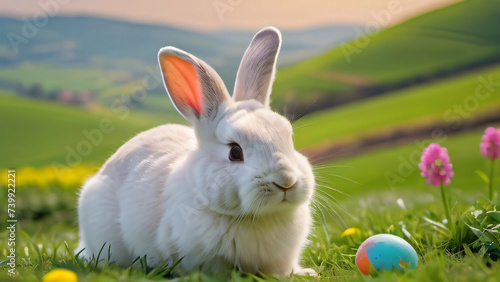 Photo Of Cute Easter Bunny Rabbit And Egg In Hill With Green Fields And Colorful Flower On A Bright Day. © Pixel Matrix
