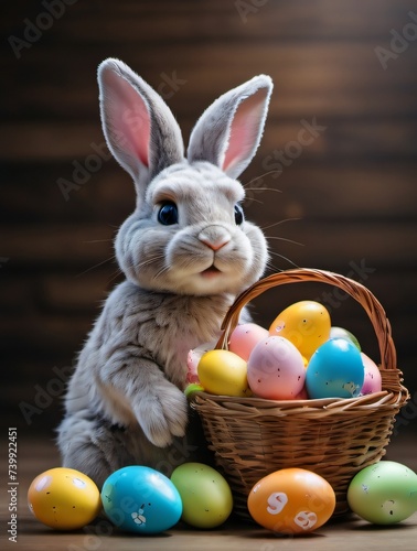 Easter Bunny With A Basket Of Easter Eggs, Holy Holiday Of Easter Image. © Pixel Matrix