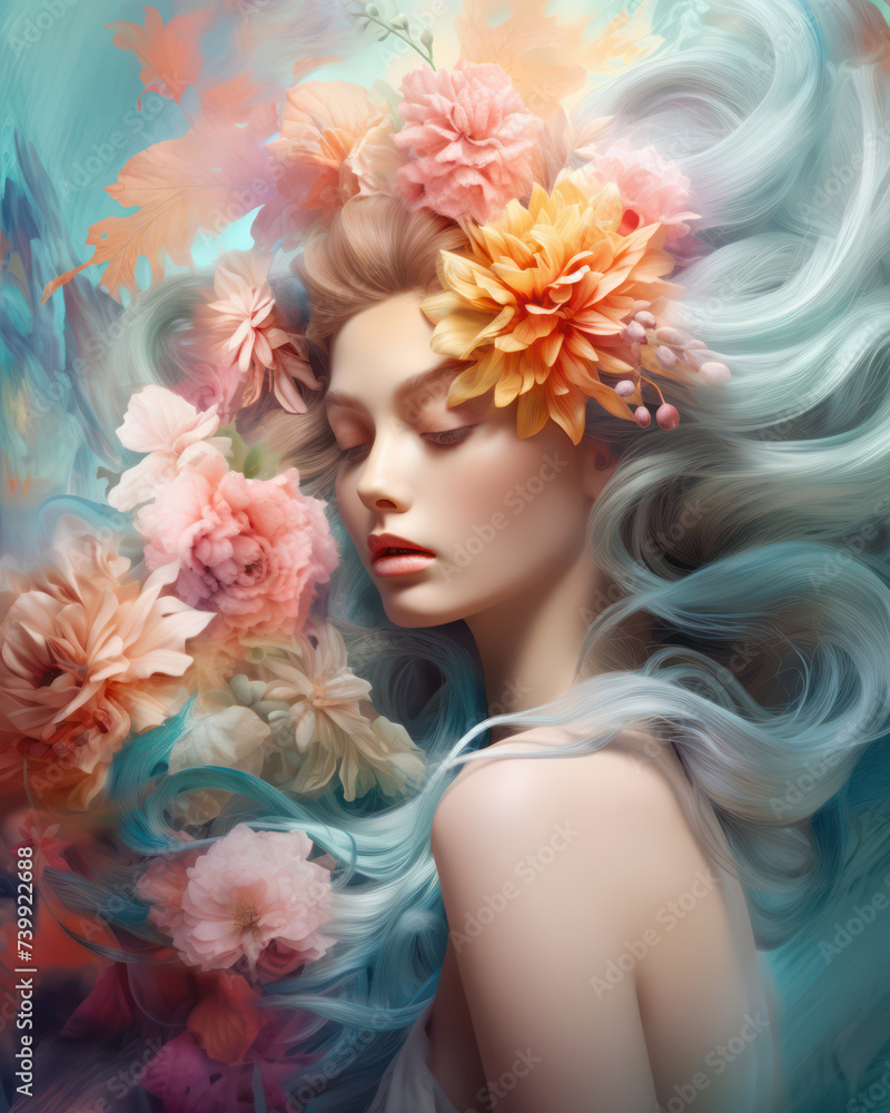 Naklejka premium Spring Beauty: A Floral Portrait of a Gorgeous Young Lady with Pink Rose Bouquet in her Hair, Elegance and Femininity in a Fairy-like Fashion