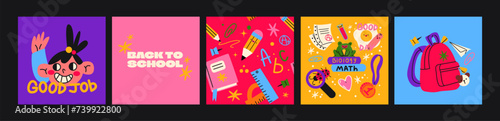 Set cartoon back to school posters in the 90s style. Retro elements, office, study. Groovy characters students, school supplies, bag, lessons, university. Trendy bright vector banners