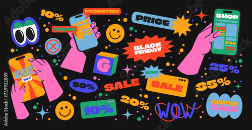 Cartoon promotion stickers of Black Friday discounts in retro 90s style. Bright discount advertising badges, promotional labels, tags, patches with favorable price, discount banner. Vector groovy set