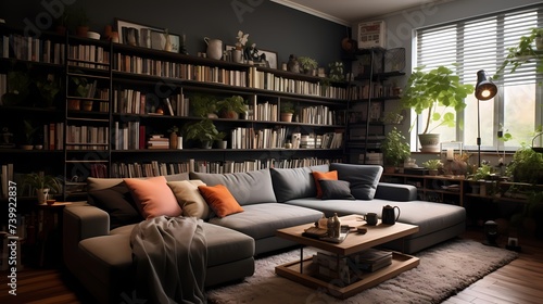 A cozy living area featuring a plush grey sofa, a fluffy area rug, and a corner filled with floor-to-ceiling bookshelves housing an assortment of books and decor pieces.