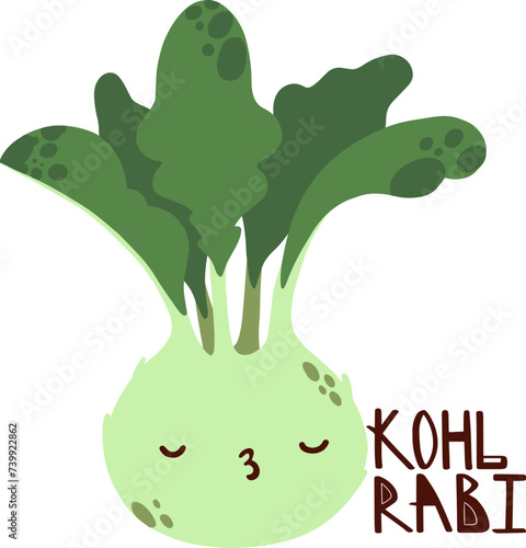 Funny light green kohlrabi cabbage vegetable with cute smiling face. Vector flat style cartoon illustration with lettering.