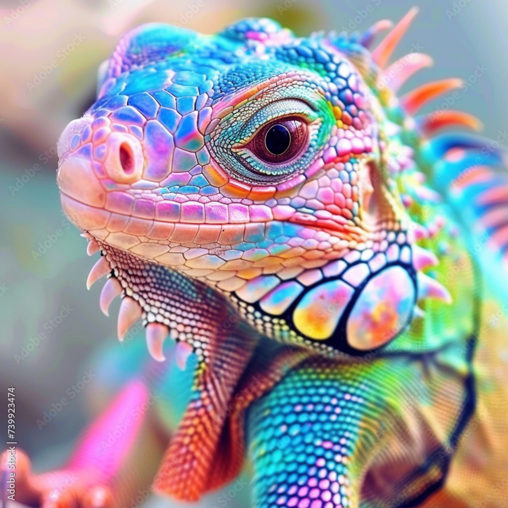 A very beautiful cute colored iguana shimmering with different rainbow colors with big beautiful eyes