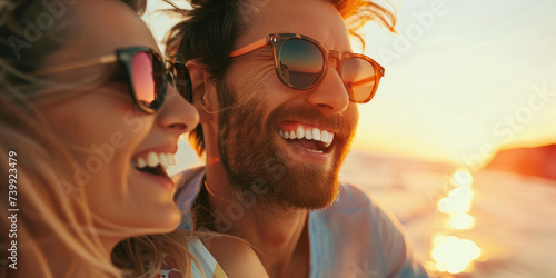 Happy smiling couple wear sunglasses enjoying summer holidays at beach.