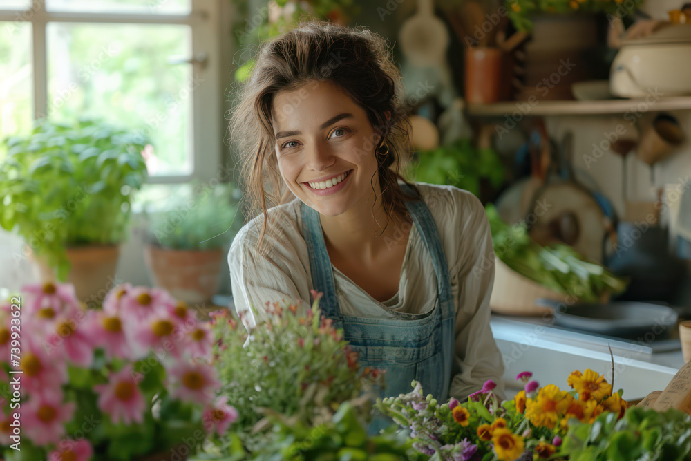 Cheerful Female Florist in a Greenhouse, Surrounded by Colorful Blooming Flowers