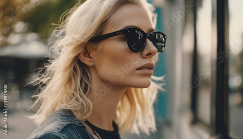 portrait of American blonde women with black sunglasses, glasses advertising shoot, copy space for text 