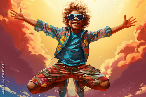 Happy cool kid with sunglasses , jumping and dancing, generated by AI
