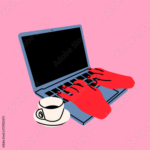 Human hands typing on laptop keyboard, coffee cup. Computing, working online, freelancing, education concept. Hand drawn Vector illustration. Isolated design element. Logo, icon template