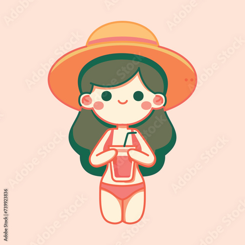 Cute vector illustration summer girl wearing hat and drink watermelon in summer season