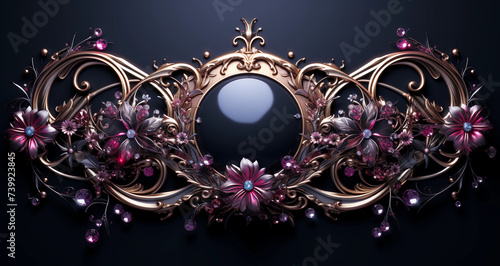 3D wallpaper design of a golden luxury frame with expensive stones on a dark background