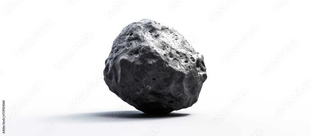 This photo depicts a single asteroid, a rock from outer space, placed on a plain white background. The contrast between the dark asteroid and the bright white background creates a striking visual This photo depicts a single asteroid, a rock from outer space, placed on a plain white background. The contrast between the dark asteroid and the bright white background creates a striking visual