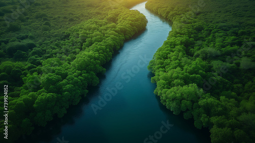森の中を流れる大きな川を空から見た様子 