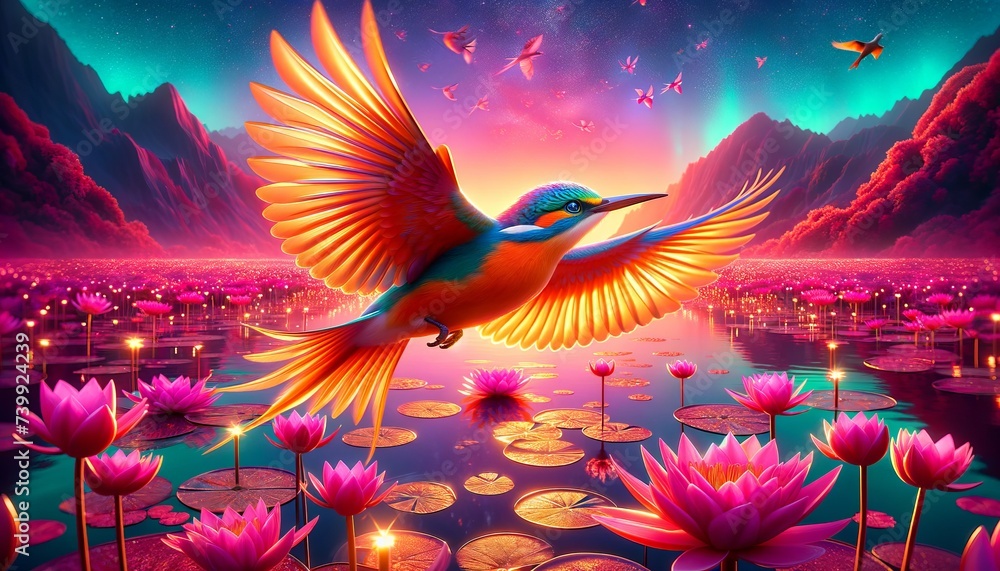 Vibrant Image Of A Resplendent Kingfisher Bird in Twilight Lotus Garden