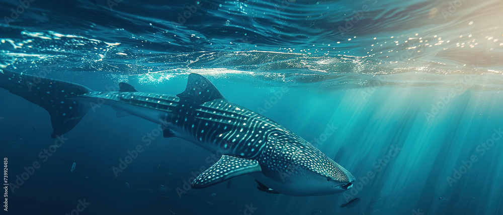 Obraz premium Banner of a whale shark on blured nature background, with empty copy space 