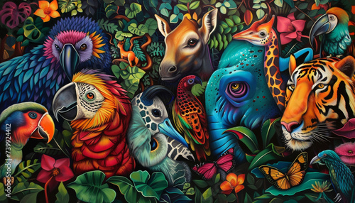 colourful animals story, and the story comes from the imagination. Animals oil painting in the style of Reydel Espinosa