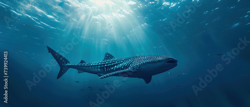 Banner of a whale shark on blured nature background, with empty copy space	 photo