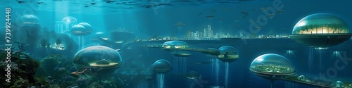 A vision of Earth's future with underwater cities, illuminated domes and interconnected habitats under the ocean, showcasing advanced human adaptation and aquatic innovation
