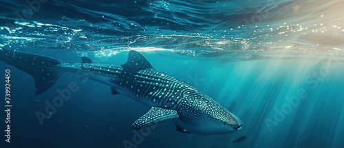 Banner of a whale shark on blured nature background  with empty copy space 