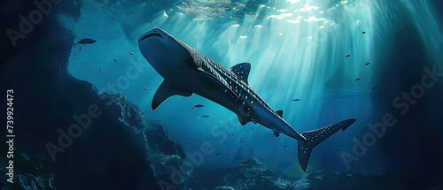 Banner of a whale shark on blured nature background, with empty copy space 