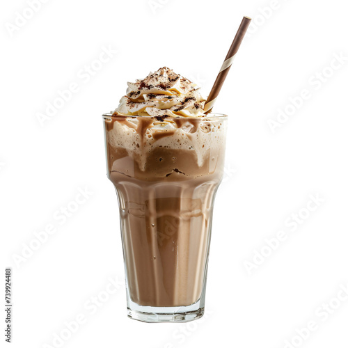 A tasty glass of chocolate milkshake frappe with a straw on an isolated background