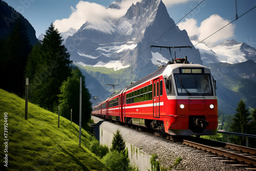 Red train on the background of the mountains and the Matterhorn.