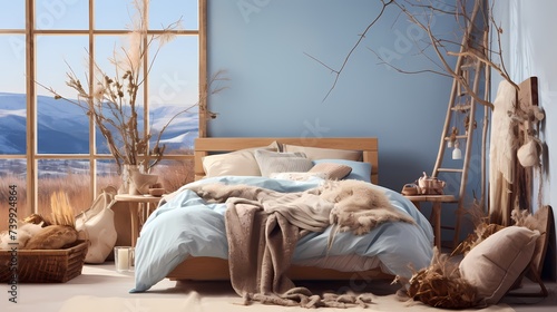 A cozy bedroom with a rustic wooden bed set against a backdrop of soft, sky-blue walls and earthy-toned accessories, blending warmth with a touch of nature.
