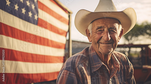 Elderly man in a cowboy hat against the background of the American flag. USA Independence Day, July 4th. Patiotic Holiday photo