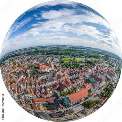 Die bayerische Kreisstadt Dillingen an der Donau im Luftbild, Little Planet-Ansicht, freigestellt