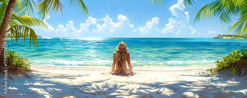 Meditating woman on beach, Tropical beach landscape. Summertime sandy beach in the distance tropical island