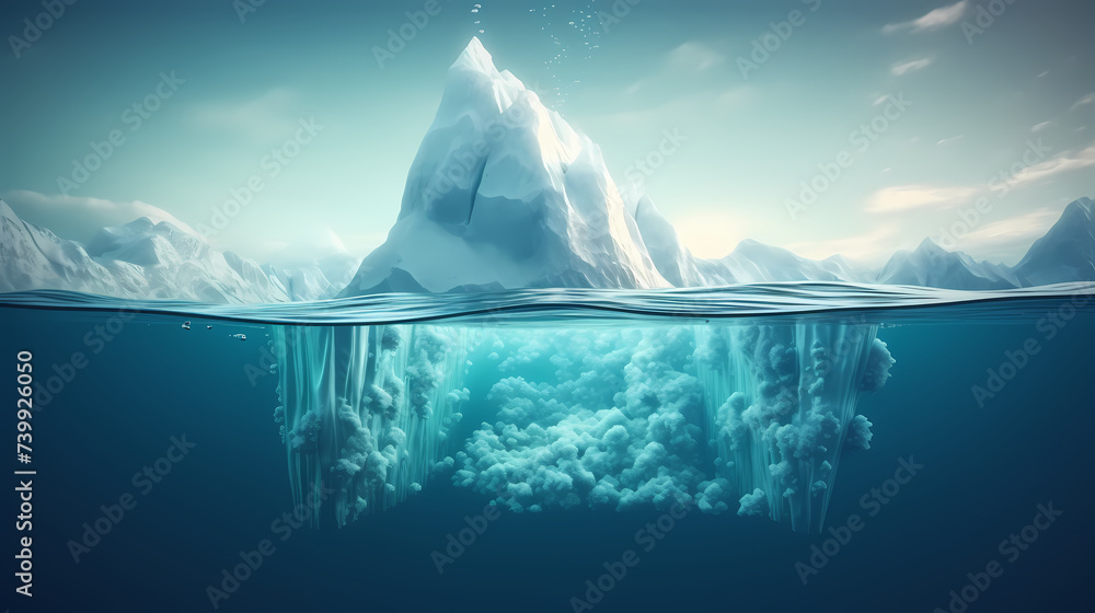 Iceberg surrounded by floating ice chunks - obrazy, fototapety, plakaty 