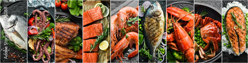 Collage. Fish and seafood. Seafood dishes. On a black stone background. photo