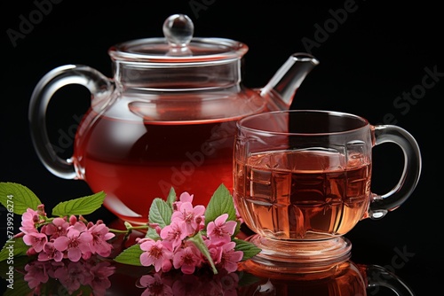 Minimalist still life composition showcasing cup and glass teapot filled with aromatic cranberry tea