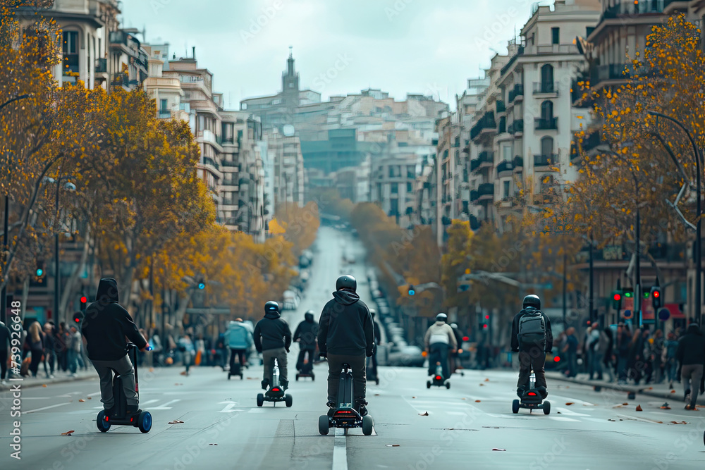 Imagen de un carril bicis bien marcado en medio de una ciudad, con personas en patinete y bicicleta con casco de manera segura y eficiente