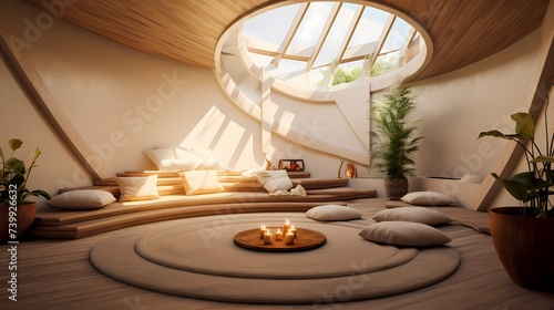 Elevated meditation room with spoty decor  plush floor cushions  and a central skylight for natural illumination