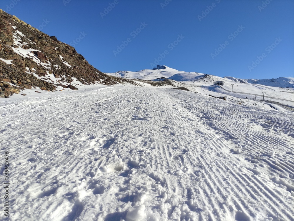Snowy mountain in Spain, Sierra Nevada, Hoya de la Mora