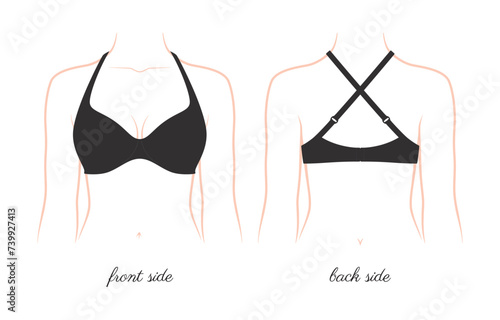 Vector woman decollete with black maternity bra side front and back. Female girl tits closeup. Isolated on white background