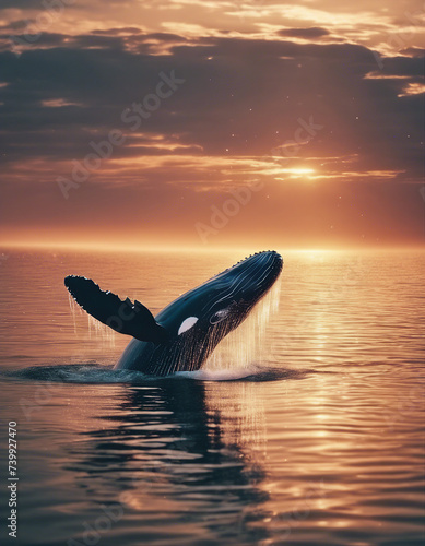 whale at the ocean, sunset view, sparkles and reflection on surface © abu