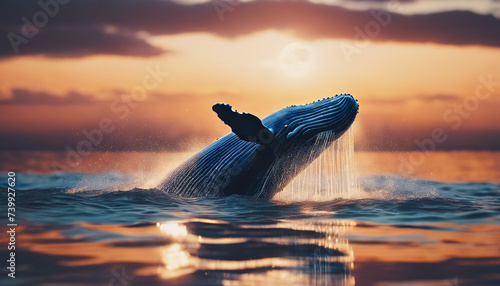 whale at the ocean, sunset view, sparkles and reflection on surface photo