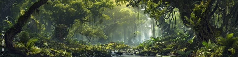 An era of ancient megaflora, where the Earth is a canvas of oversized botanical wonders, with immense leafy canopies sheltering a world yet untouched by human existence. An era of ancient megaflora, where the Earth is a canvas of oversized botanical wonders, with immense leafy canopies sheltering a world yet untouched by human existence.