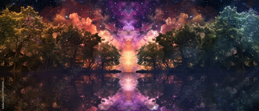 An ethereal forest where trees morph into delicate glass structures, reflecting a kaleidoscope of colors under a starry, purple sky.  - obrazy, fototapety, plakaty 