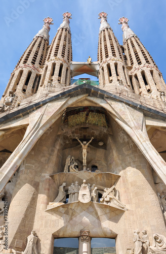 Facade of Sagrada Familia Cathedral in Barcelona, Spain