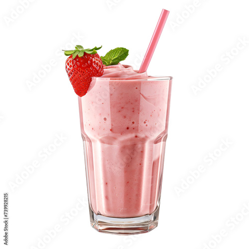 A glass of tasty strawberry milkshake with a straw on an isolated background