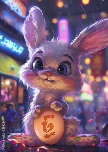 easter bunny with egg  in the night cyber city