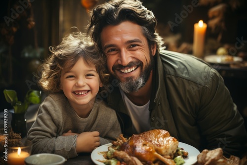 Cheerful daughter embracing her bearded father beside a delicious breakfast in the morning kitchen