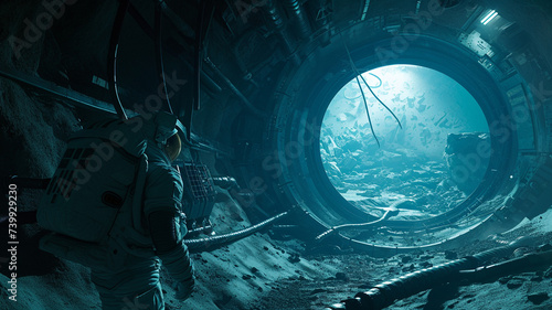 A photograph of an astronaut exploring a cave on an alien plane