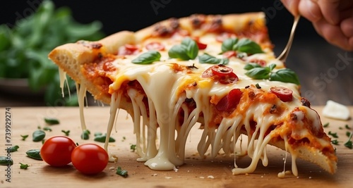 Create a mouthwatering close-up of a slice of pizza being pulled from a cheesy pizza pie, showcasing the detailed texture of the melted mozzarella cheese, the bubbling edges-Ai Generative