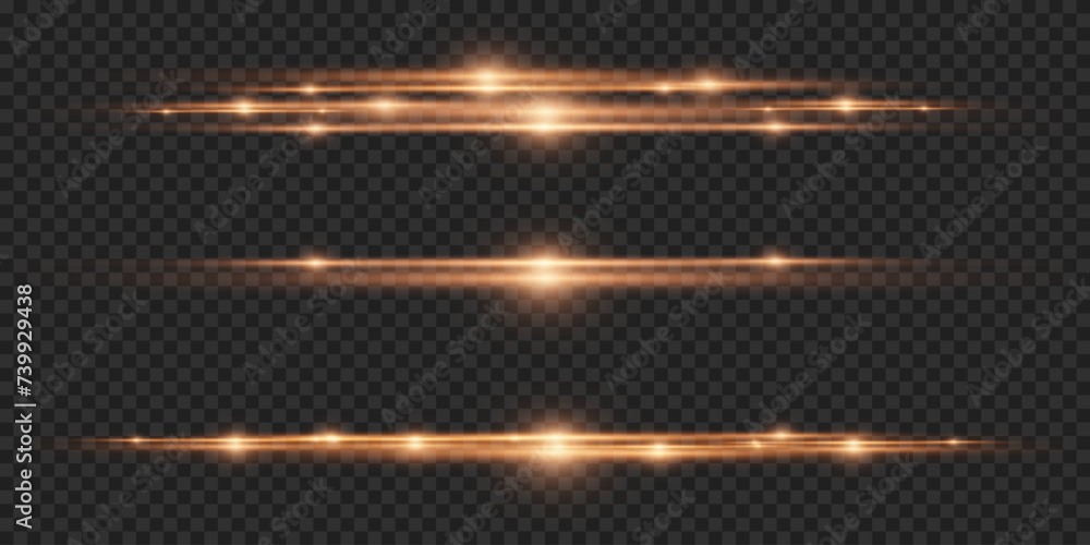 Pack of horizontal highlights. Laser beams, horizontal light beams. Beautiful light flashes. Glowing stripes on a transparent background.